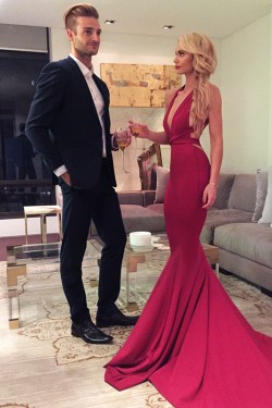 Sexy Red Mermaid Long Prom Formal Evening Party Dresses with Criss Cross Back 3021137