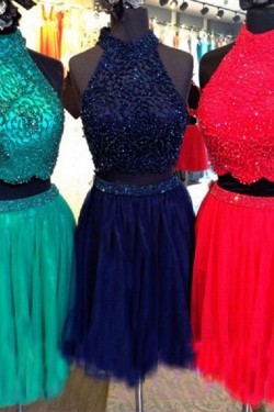 Beaded Two Pieces High Neck Short Prom Evening Cocktail Homecoming Dresses 3020114