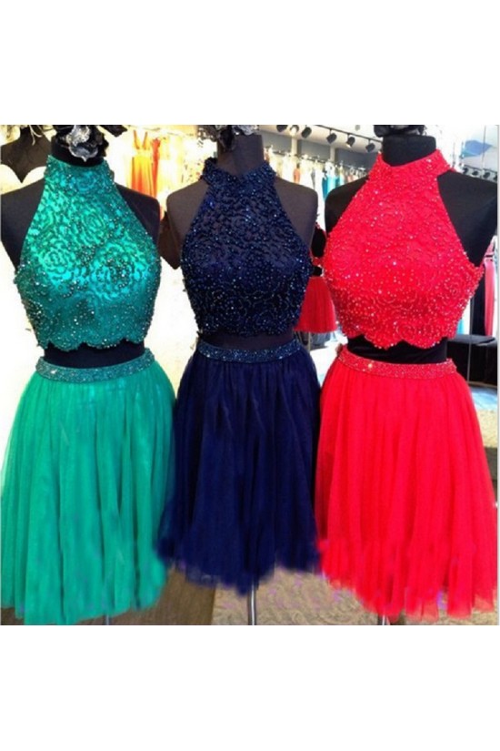 Beaded Two Pieces High Neck Short Prom Evening Cocktail Homecoming Dresses 3020114