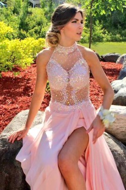 Beaded Long Pink Prom Formal Evening Party Dresses 3021145