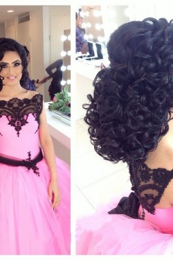 Pink Black Lace Ball Gown Prom Formal Evening Party Dresses 3021146