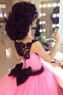 Pink Black Lace Ball Gown Prom Formal Evening Party Dresses 3021146