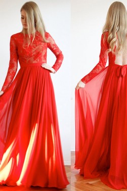 Long Red Lace and Chiffon Prom Formal Evening Party Dresses 3021148