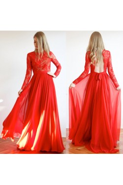 Long Red Lace and Chiffon Prom Formal Evening Party Dresses 3021148