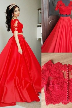 Long Red Two Pieces Lace Prom Formal Evening Party Dresses 3021149