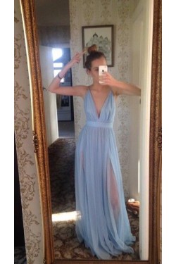 Long Blue V-Neck Prom Formal Evening Party Dresses 3021154