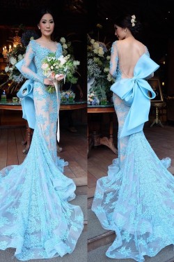 Mermaid Long Blue Lace Prom Formal Evening Party Dresses 3021156