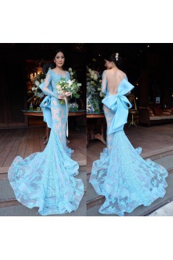 Mermaid Long Blue Lace Prom Formal Evening Party Dresses 3021156