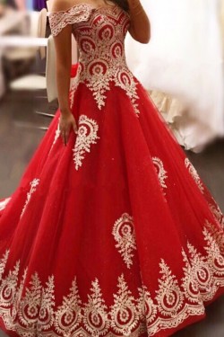 Long Red Off-the-Shoulder Ball Gown Prom Formal Evening Party Dresses with Gold Lace Appliques 3021158
