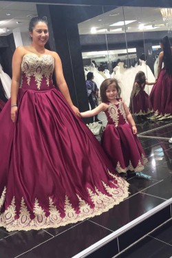 Long Burgundy Ball Gown Prom Formal Evening Party Dresses with Gold Lace Appliques 3021159