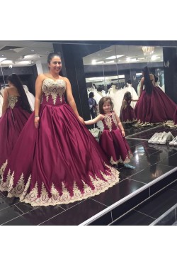 Long Burgundy Ball Gown Prom Formal Evening Party Dresses with Gold Lace Appliques 3021159