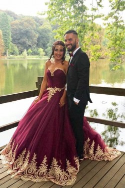Long Burgundy Ball Gown Prom Formal Evening Party Dresses with Gold Lace Appliques 3021160