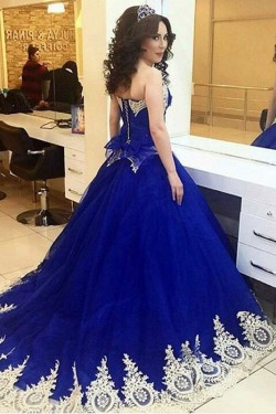 Long Blue Ball Gown Prom Formal Evening Party Dresses with Gold Lace Appliques 3021161