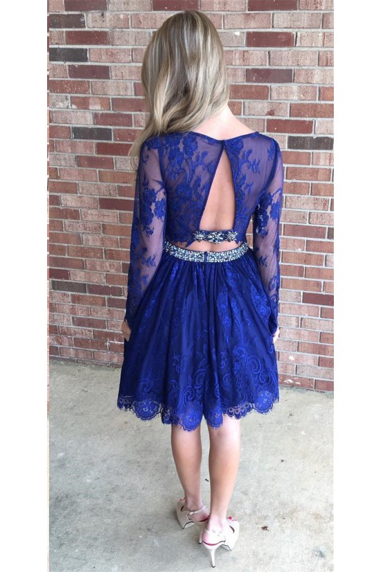 Beaded Lace Two Pieces Long Sleeves Prom Formal Evening Party Dresses 3021162