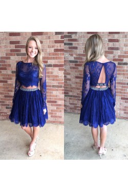 Beaded Lace Two Pieces Long Sleeves Prom Formal Evening Party Dresses 3021162