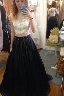 Beaded Lace Two Pieces Black White Prom Formal Evening Party Dresses 3021163