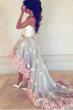High Low Prom Formal Evening Party Dresses with Handmade Flowers 3021164