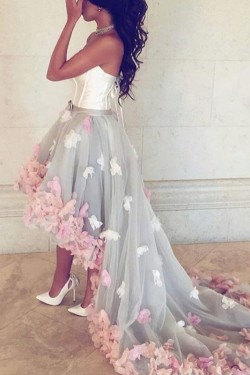 High Low Prom Formal Evening Party Dresses with Handmade Flowers 3021164
