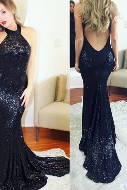 Long Navy Blue Sequins Prom Formal Evening Party Dresses 3021166