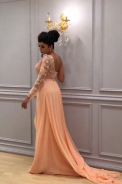 Long Chiffon One Sleeves Lace Prom Formal Evening Party Dresses 3021167