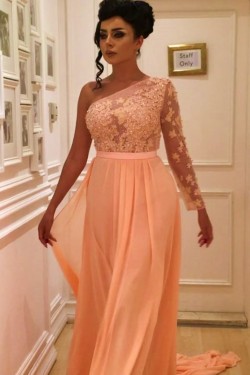 Long Chiffon One Sleeves Lace Prom Formal Evening Party Dresses 3021167