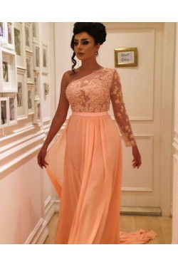 Long Chiffon One Sleeves Lace Prom Formal Evening Party Dresses 3021167