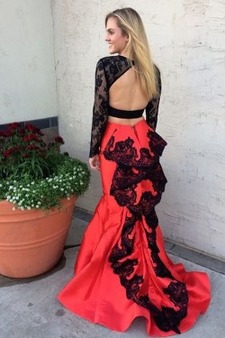 Mermaid Long Sleeves Lace Black White Prom Formal Evening Party Dresses 3021169