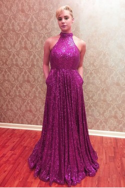 High Neck Sequins Long Prom Formal Evening Party Dresses 3021177
