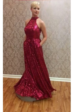 High Neck Sequins Long Prom Formal Evening Party Dresses 3021177