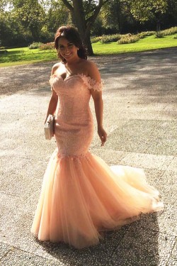 Mermaid Off-the-Shoulder Lace Tulle Long Pink Prom Formal Evening Party Dresses 3021179