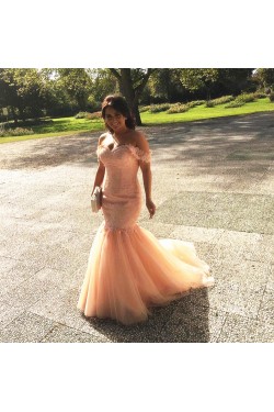 Mermaid Off-the-Shoulder Lace Tulle Long Pink Prom Formal Evening Party Dresses 3021179