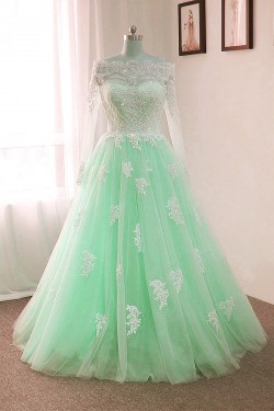 Long Sleeves Lace Mint Green Prom Formal Evening Party Dresses 3021181