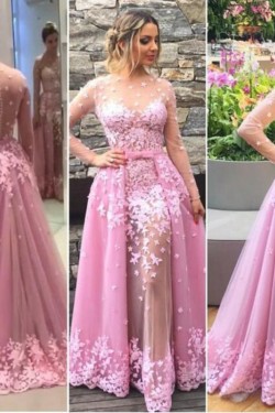 Long Pink Lace Long Sleeves Prom Formal Evening Party Dresses 3021182
