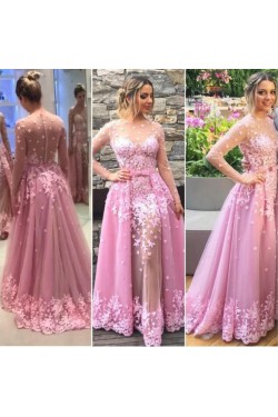 Long Pink Lace Long Sleeves Prom Formal Evening Party Dresses 3021182