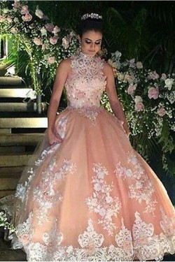 High Neck Beaded Lace Ball Gown Prom Formal Evening Party Dresses 3021184