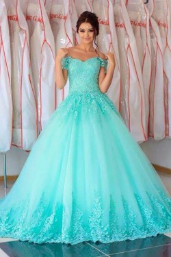 Ball Gown Blue Lace Off-the-Shoulder Long Prom Formal Evening Party Dresses 3021185