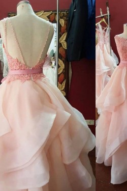 Long Pink Beaded Lace Prom Formal Evening Party Dresses 3021187