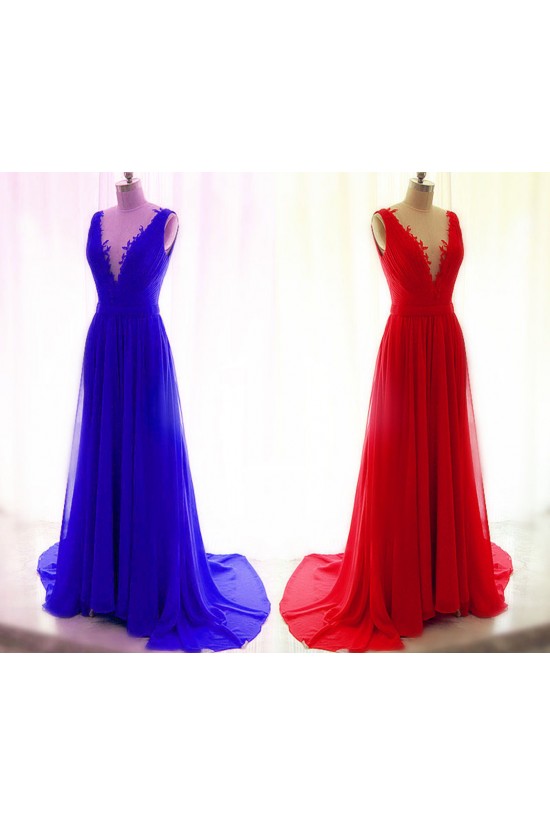Long Blue Lace Chiffon V-Neck Prom Formal Evening Party Dresses 3021189