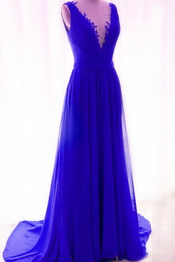 Long Blue Lace Chiffon V-Neck Prom Formal Evening Party Dresses 3021189