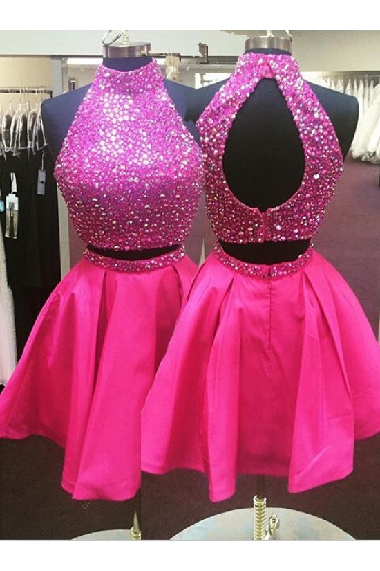 Two Pieces Sequins Short Hot Pink Prom Evening Homecoming Cocktail Dresses 3020119