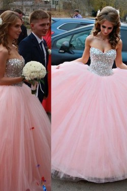 Beaded Sweetheart Long Pink Tulle Ball Gown Prom Formal Evening Party Dresses 3021197