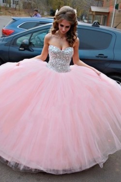 Beaded Sweetheart Long Pink Tulle Ball Gown Prom Formal Evening Party Dresses 3021197