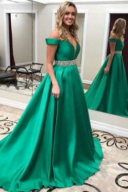 Beaded Long Green Off-the-Shoulder Prom Formal Evening Party Dresses 3021199