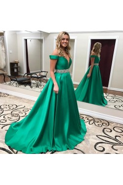 Beaded Long Green Off-the-Shoulder Prom Formal Evening Party Dresses 3021199