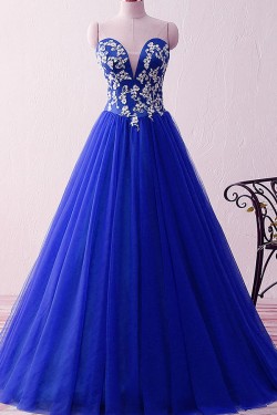 A-Line Long Blue Lace Appliques Prom Formal Evening Party Dresses 3021201