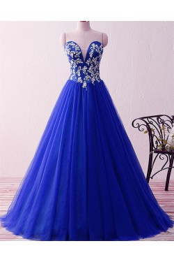 A-Line Long Blue Lace Appliques Prom Formal Evening Party Dresses 3021201