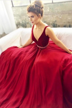 Beaded Long V-Neck Prom Formal Evening Party Dresses 3021203