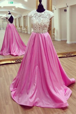 Long Pink Cap Sleeves Lace Prom Formal Evening Party Dresses 3021204