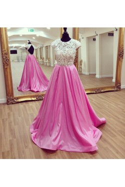 Long Pink Cap Sleeves Lace Prom Formal Evening Party Dresses 3021204