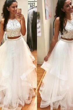 Beaded Two Pieces White Prom Formal Evening Party Dresses 3021211